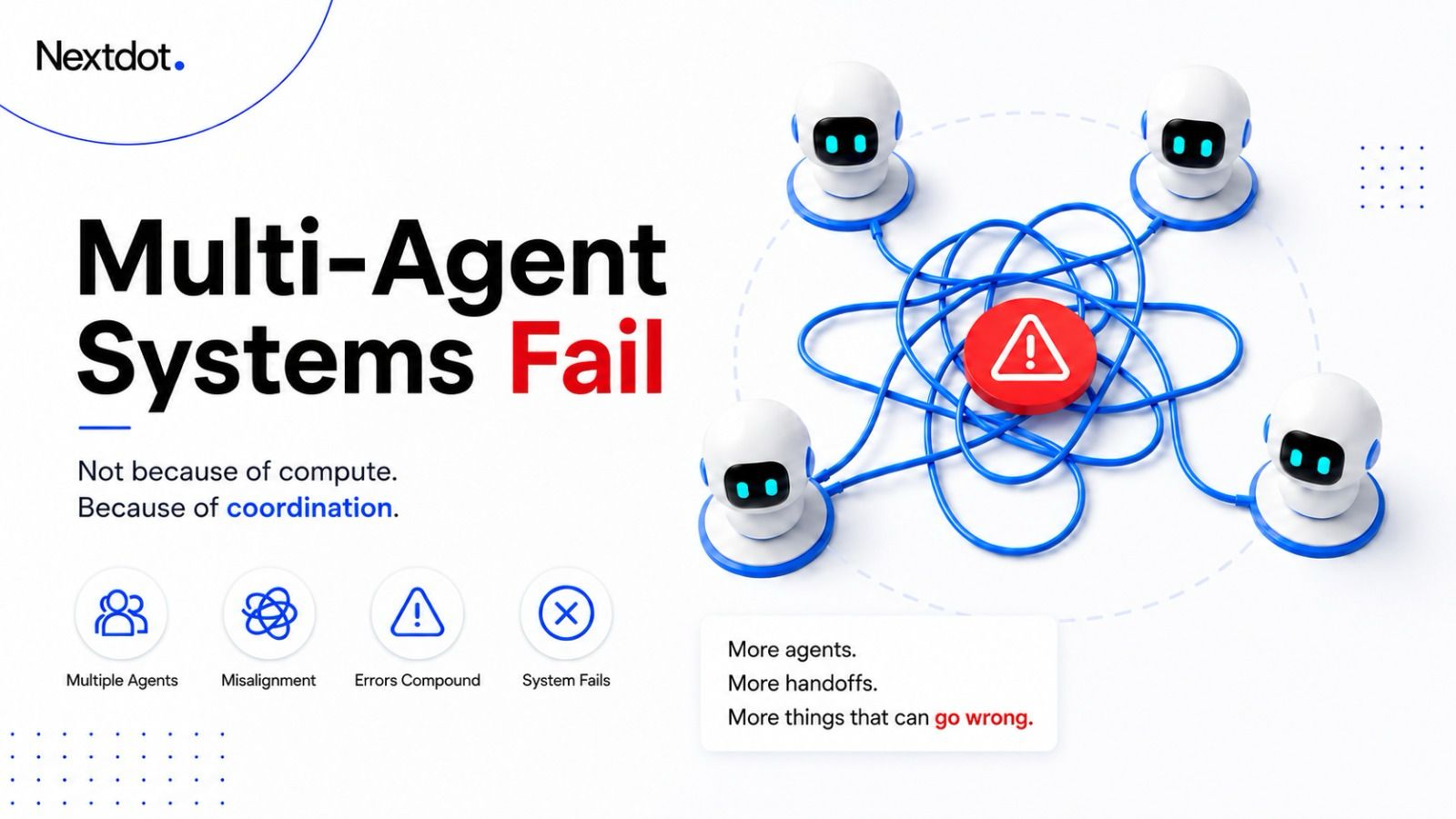 Four AI agents linked by tangled connections around a red warning symbol, illustrating how multi-agent systems fail on coordination cost rather than compute