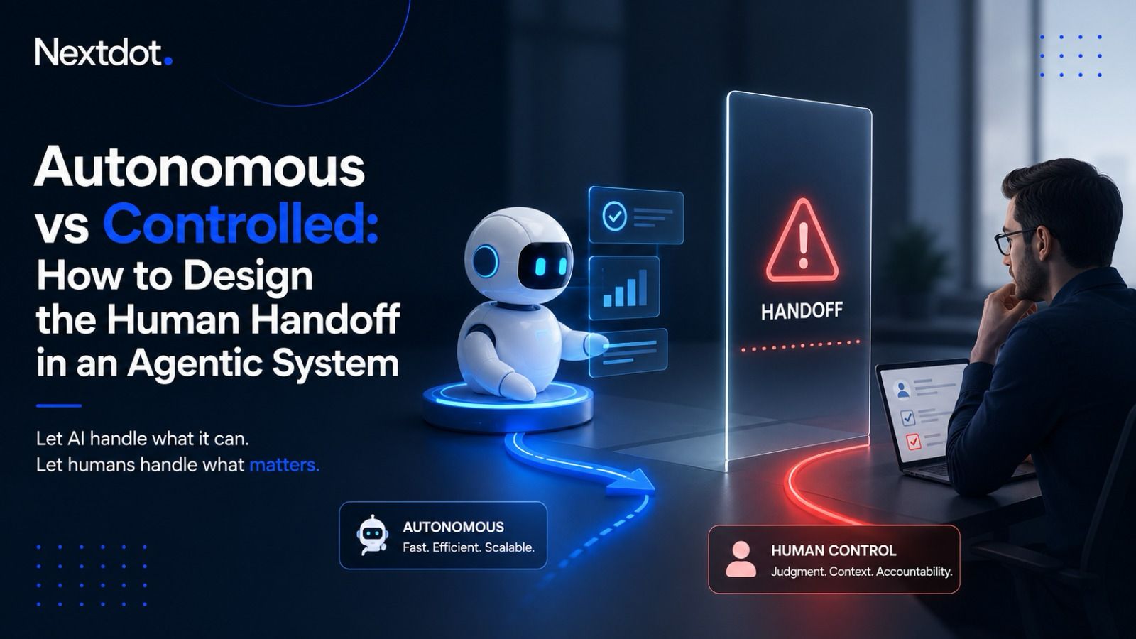 An AI agent reviewing data panels beside a glowing handoff barrier, passing a flagged decision to a human reviewer at a laptop, contrasting autonomous AI speed with human judgment, context and accountability