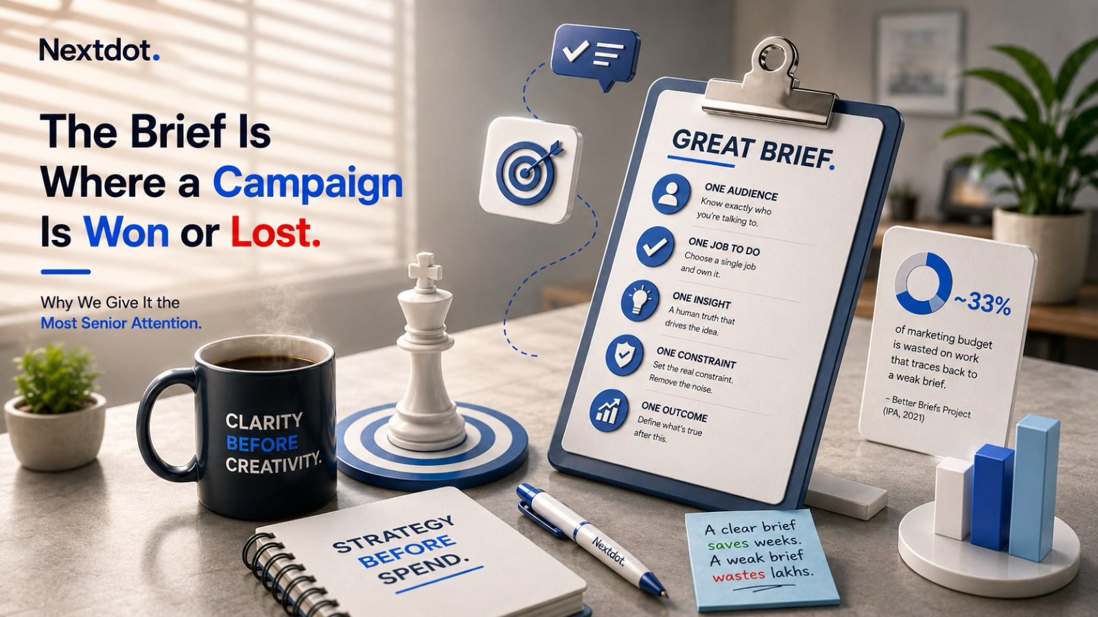 A creative brief on a clipboard listing one audience, one job to do, one insight, one constraint and one outcome, beside a chart showing roughly 33 percent of marketing budget is wasted on work traced back to a weak brief