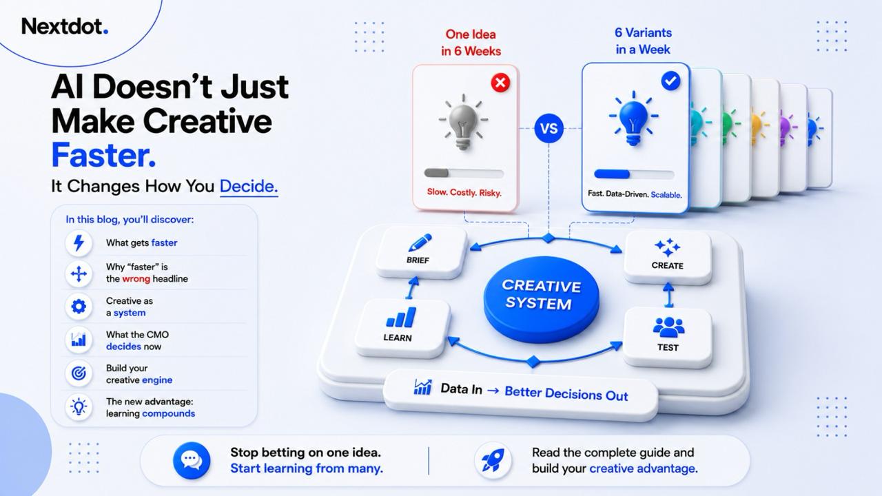 Comparison of one slow costly creative idea in six weeks against six data-driven variants in a week, above a creative system loop of brief, create, test and learn turning data into better decisions