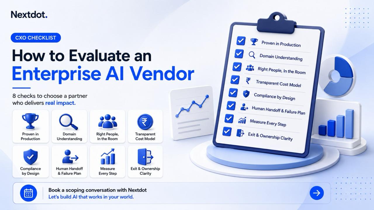 A CXO checklist for evaluating an enterprise AI vendor, listing eight checks: proven in production, domain understanding, right people in the room, transparent cost model, compliance by design, human handoff and failure plan, measure every step, and exit and ownership clarity
